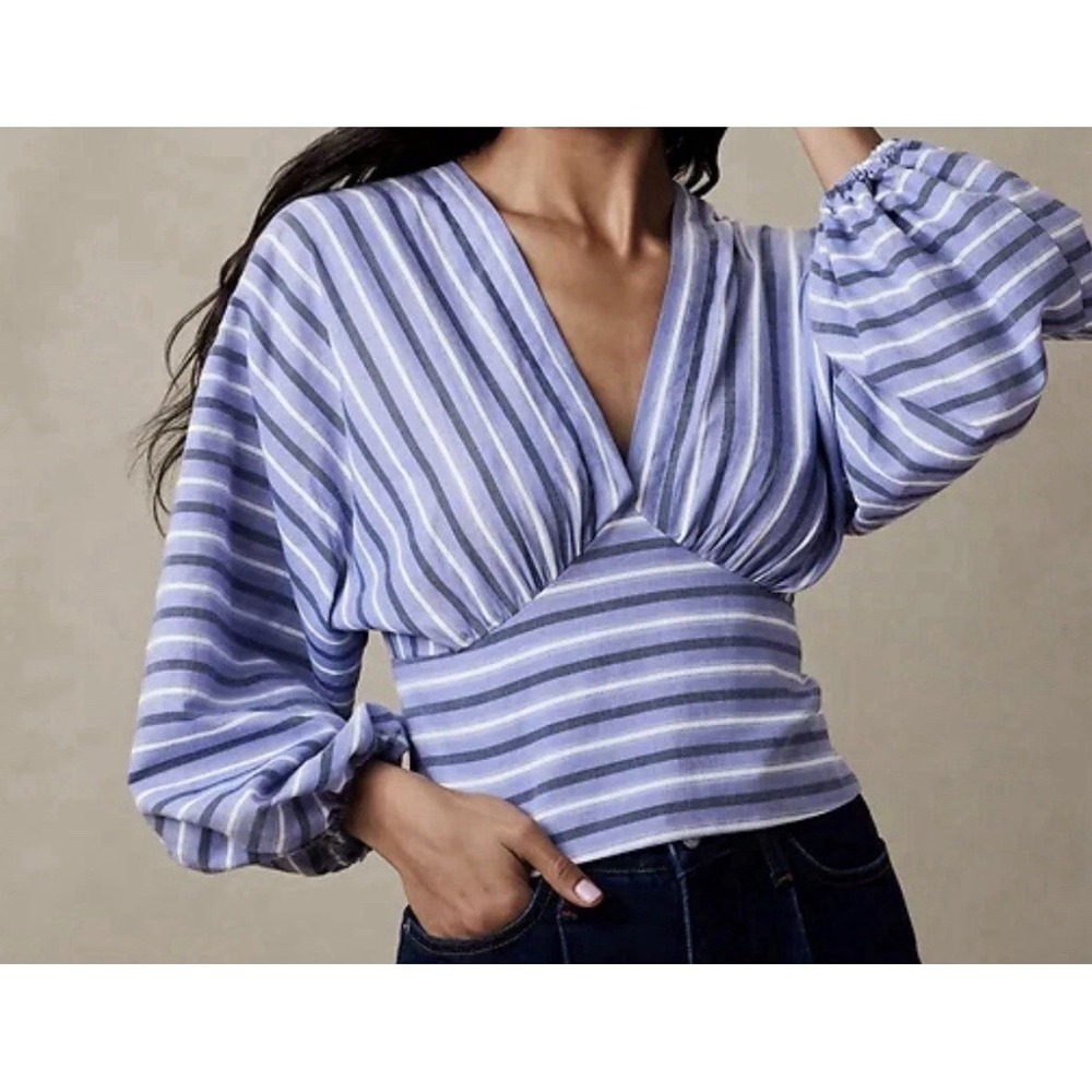 Banana Republic Womens Size 8 Blue Striped Shirred Puff Sleeve Crop Blouse NWT